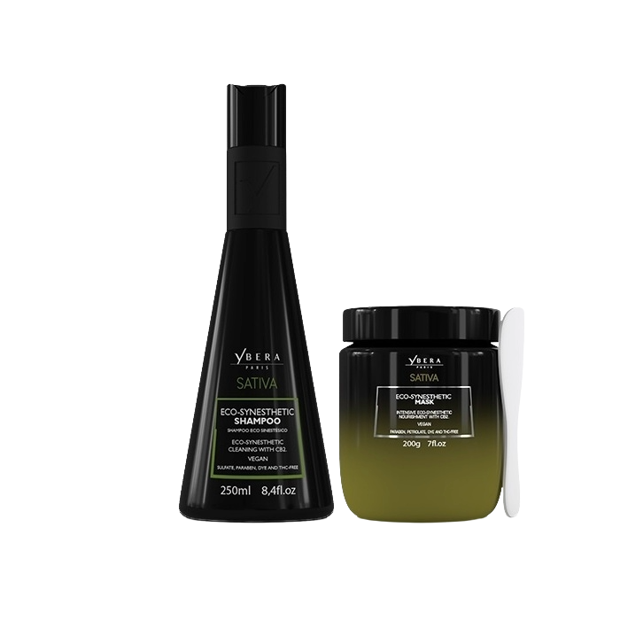 Pack Pequeño Ecosinestésico Sativa CBD2 Ybera Paris – Champú 250ml y Mascarilla 200g para cuero cabelludo sensible